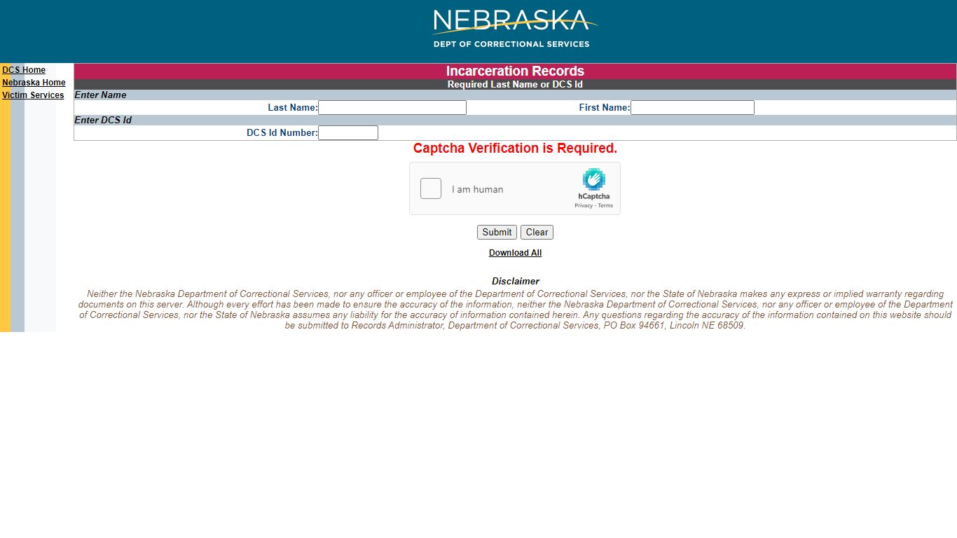 Incarceration Record Search - Nebraska